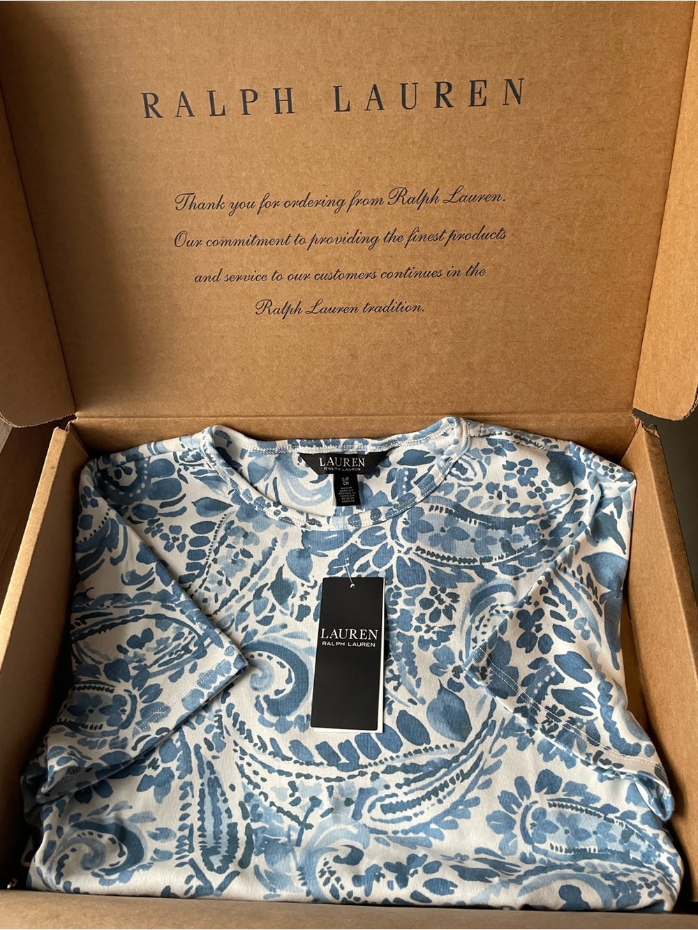 Lauren Ralph Lauren White and Blue Paisley Short-Sleeve Cotton Tee Women’s S